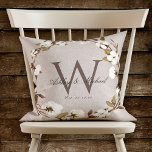 Rustikales Cotton Wreath Monogram Kissen<br><div class="desc">Personalisierte Hochzeitssache. Dieses elegante, rustikale Design-Kissen im digitalen Leinendesign besticht durch eine beige Leinenstruktur mit einem wunderschönen Urinkranz aus Baumwolle, der den klassischen Monogramm-Initial bildet. Die Vornamen des Ehepaares werden über das Monogramm zunächst in einem schönen Kalligraphie-Skript geschrieben, mit dem Hochzeitstermin unten. Das Design ist sowohl auf der Vorderseite als...</div>