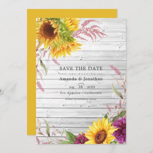 Rustikales Country Barn Sunflower Wedding Foto Save The Date (Vorne/Hinten)