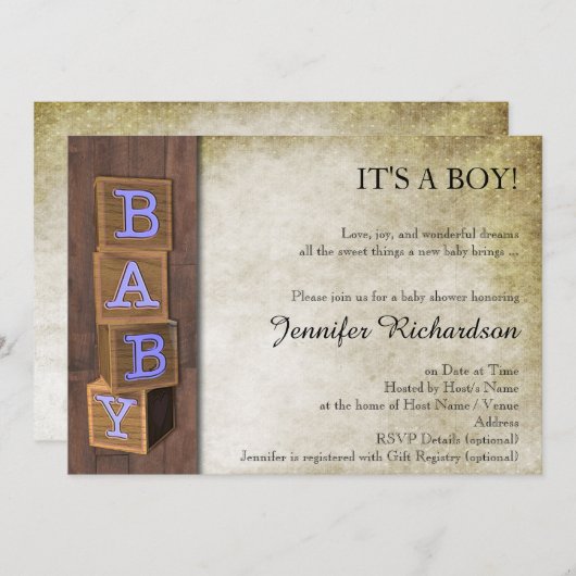 Rustikales Country Blue Blocks Kinderdusche Einlad Einladung (Vorne/Hinten)