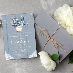 Rustikales Country Blue Mason Jar Wood Brautparty  Einladung