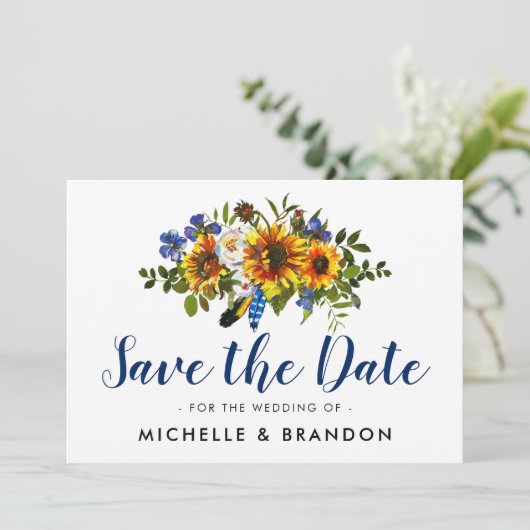 Rustikales Country Blue und Gelb Save the Date (Stehend Vorderseite)
