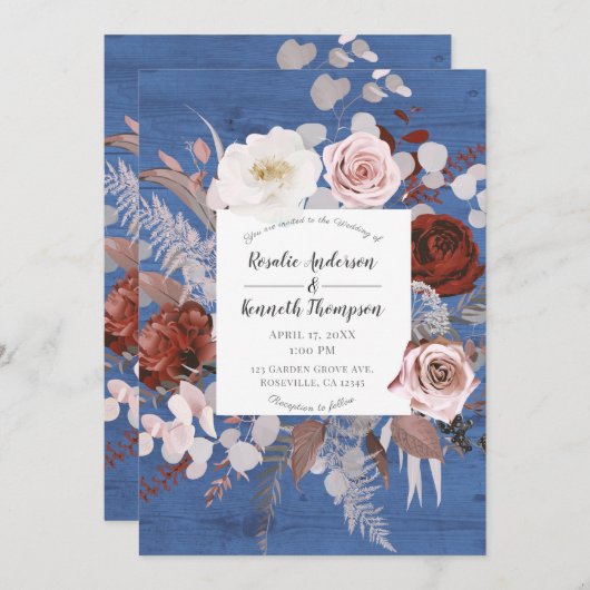 Rustikales Country Blue Wood Floral Blues Hochzeit Einladung (Vorne/Hinten)
