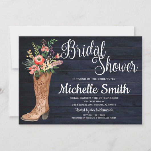 Rustikales Country Bridal Western Blue Brautparty Einladung (Vorderseite)