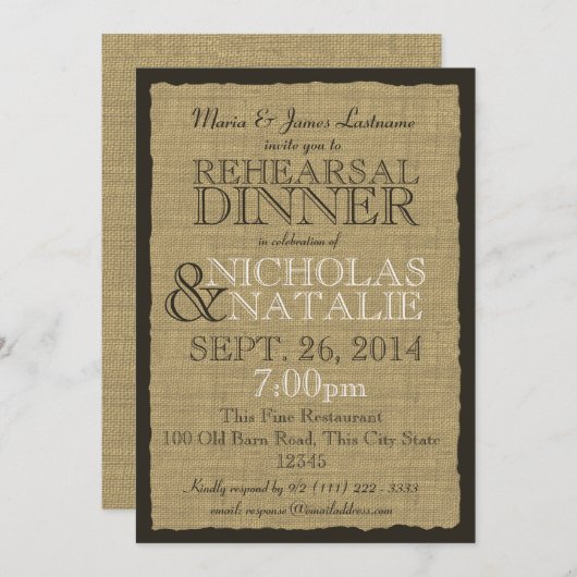 Rustikales Country Burlap 12x18 Probe Dinner Einladung (Vorne/Hinten)