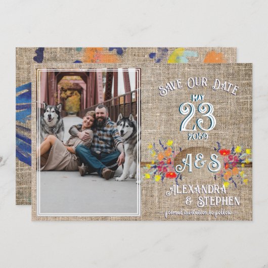 Rustikales Country Burlap Boho Wildblume Wedding Save The Date (Vorne/Hinten)