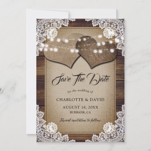 Rustikales Country Burlap Hearts Elegante Hochzeit Save The Date (Vorderseite)
