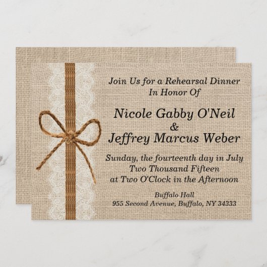 Rustikales Country Burlap Hochzeit Probe Dinner Einladung (Vorne/Hinten)