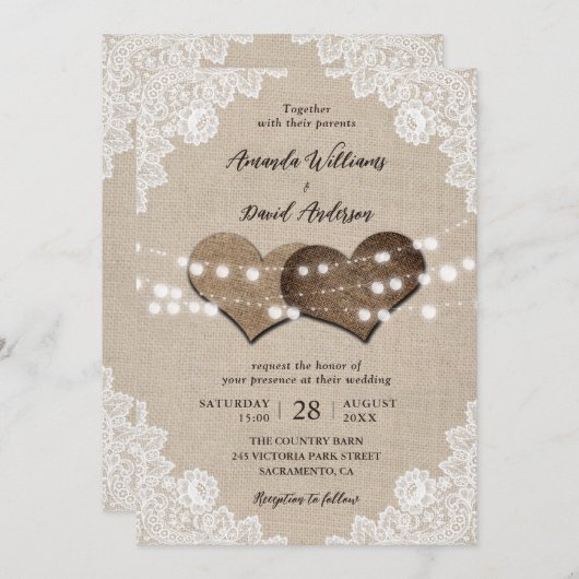 Rustikales Country Burlap Lace String Lights Hochz Einladung (Vorne/Hinten)