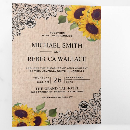 Rustikales Country Burlap Lace Sunflower Wedding F Dreifach Gefaltete Einladung (Innen Erste Seite)