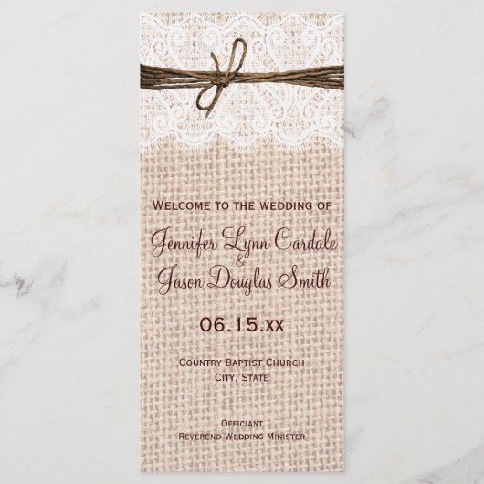 Rustikales Country Burlap Lace Twine Wedding Progr Programm (Vorderseite)