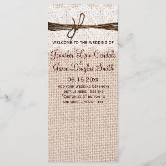 Rustikales Country Burlap Lace Twine Wedding Progr Programm (Vorderseite)