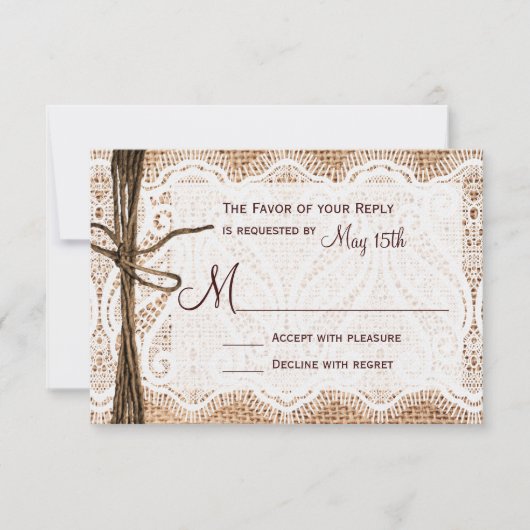 Rustikales Country Burlap Lace Twine Wedding RSVP (Vorderseite)