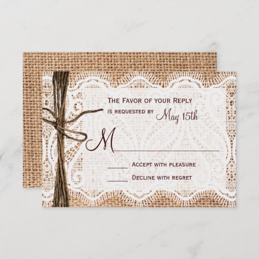 Rustikales Country Burlap Lace Twine Wedding RSVP (Vorne/Hinten)