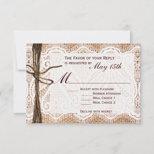 Rustikales Country Burlap Lace Twine Wedding RSVP (Vorderseite)
