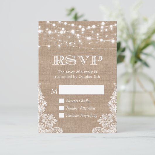 Rustikales Country Burlap Lace UAWG RSVP Karte (Stehend Vorderseite)