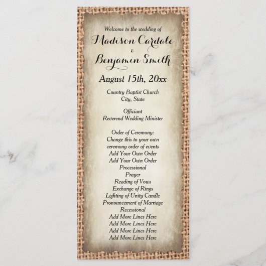 Rustikales Country Burlap Vintage Hochzeitsprogram Programm (Vorderseite)