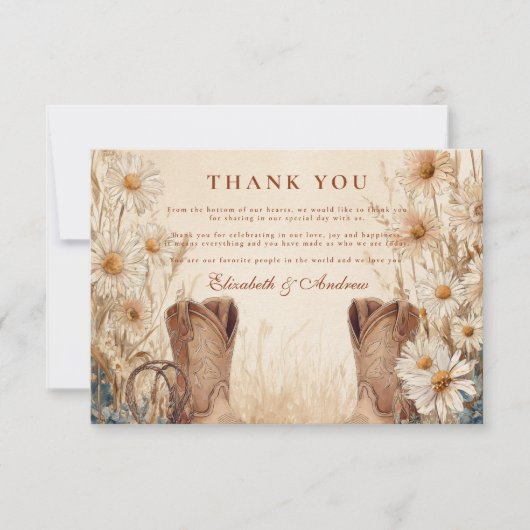 Rustikales Country Daisy Boots Wedding Dankeskarte (Vorderseite)