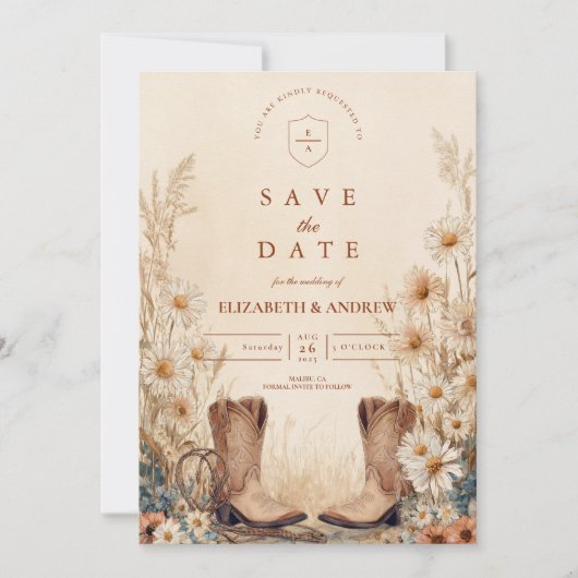 Rustikales Country Daisy Boots Wedding Save The Date (Vorderseite)