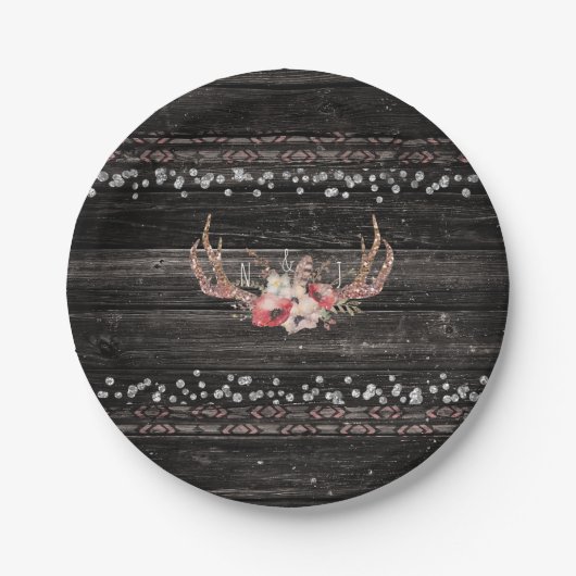 Rustikales Country Glam Blume & Antlers Boho Chic Pappteller (Vorderseite)