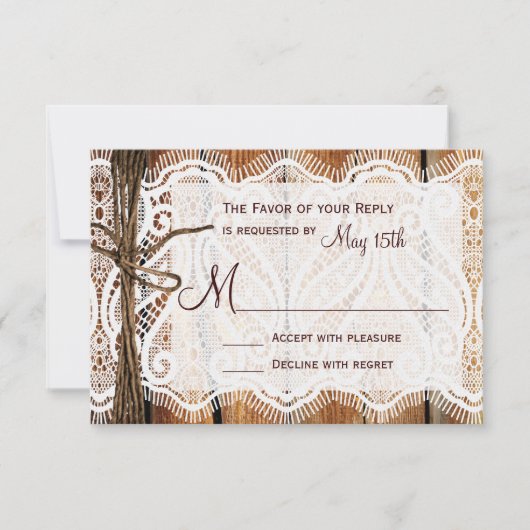 Rustikales Country Lace Twine Wood Wedding RSVP (Vorderseite)