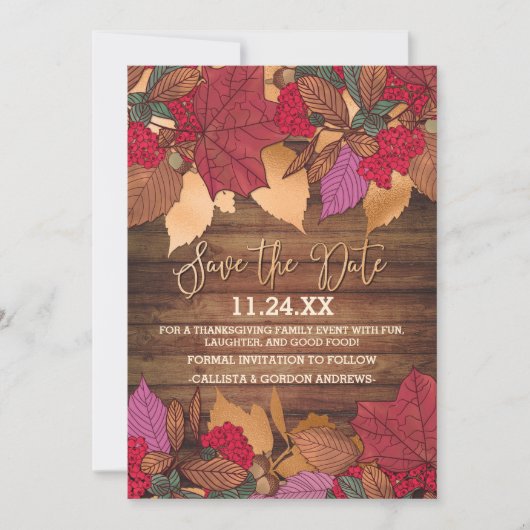 Rustikales Country Red Brown Herbstlaubs Erntedank Save The Date (Vorderseite)