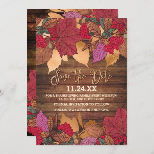 Rustikales Country Red Brown Herbstlaubs Erntedank Save The Date (Vorne/Hinten)