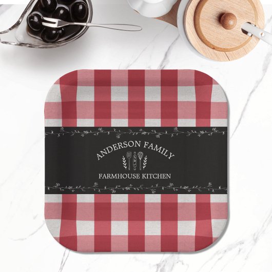 Rustikales Country Red Gingham Black Chalkboard Pappteller