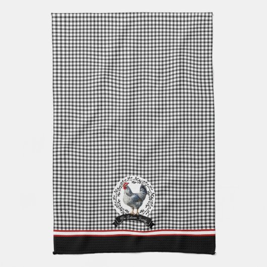 Rustikales Country Rooster Chicken BW Gingham Karo Geschirrtuch (Vertikal)