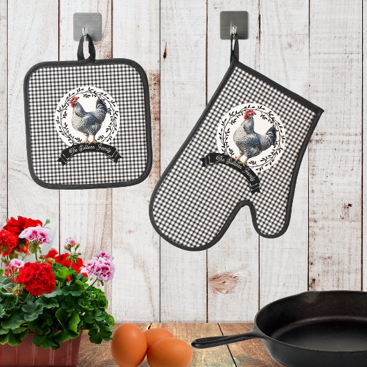 Rustikales Country Rooster Chicken BW Gingham Karo Ofenhandschuh & Topflappen-Set