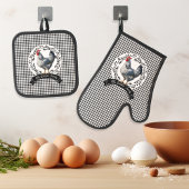 Rustikales Country Rooster Chicken BW Gingham Karo Ofenhandschuh & Topflappen-Set