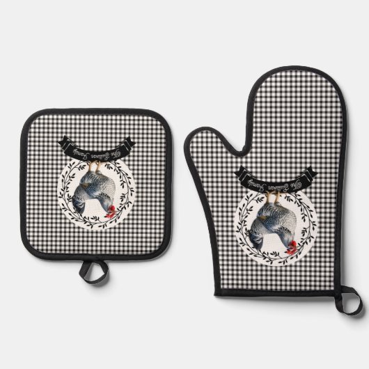 Rustikales Country Rooster Chicken BW Gingham Karo Ofenhandschuh & Topflappen-Set (Vorderseite)