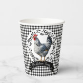 Rustikales Country Rooster Chicken BW Gingham Karo Pappbecher (Rückseite)