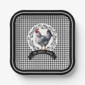 Rustikales Country Rooster Chicken BW Gingham Karo Pappteller (Vorderseite)