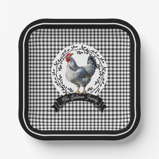 Rustikales Country Rooster Chicken BW Gingham Karo Pappteller (Vorderseite)