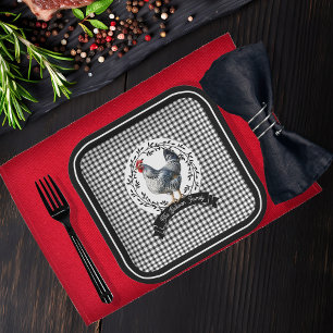 Rustikales Country Rooster Chicken BW Gingham Karo Pappteller
