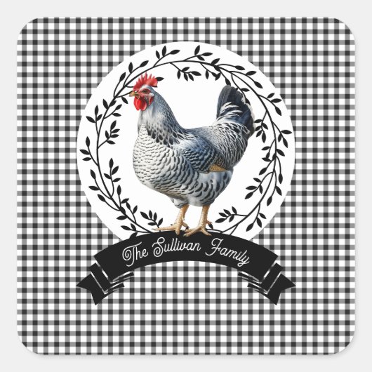 Rustikales Country Rooster Chicken BW Gingham Karo Quadratischer Aufkleber (Vorderseite)