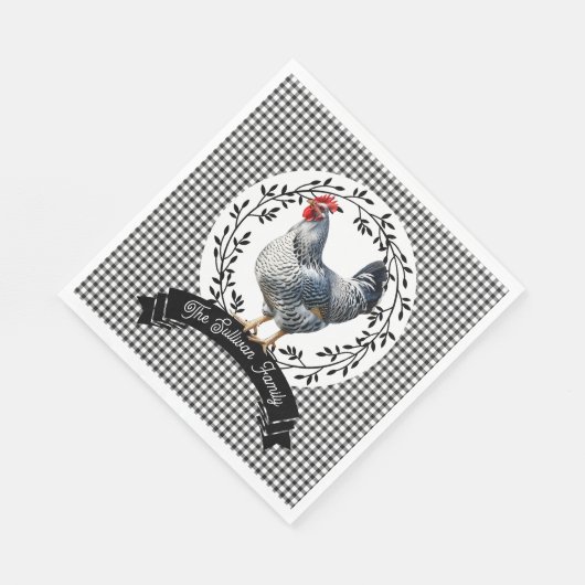 Rustikales Country Rooster Chicken BW Gingham Karo Serviette (Ecke)