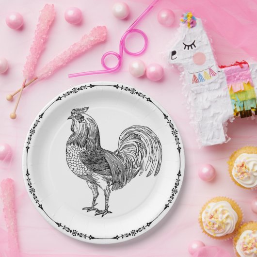 Rustikales Country Rooster Schwarz-Weiß Pappteller (Party)