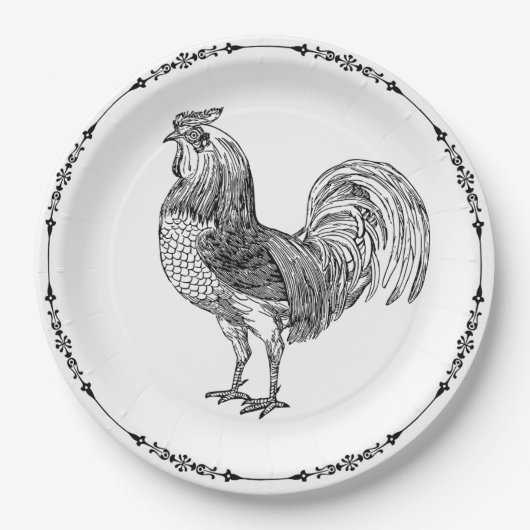 Rustikales Country Rooster Schwarz-Weiß Pappteller (Vorderseite)