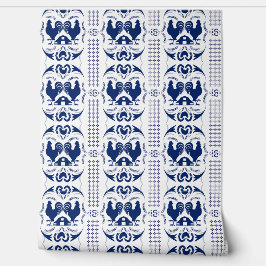 Rustikales Country Rooster und Barcode Muster Blau Tapete