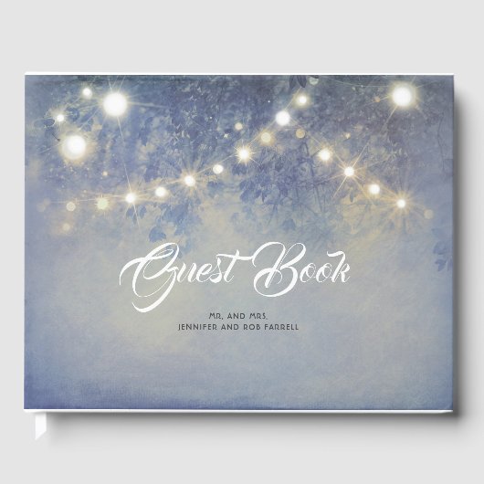 Rustikales Country String Lights Dusty Blue Weddin Gästebuch (Vorderseite)