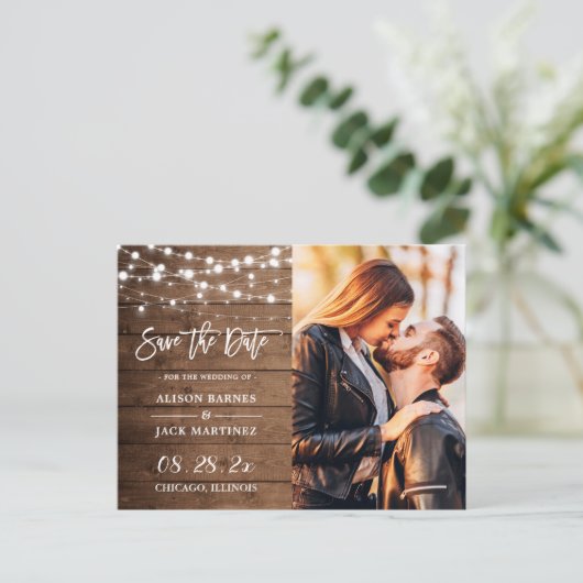 Rustikales Country String Lights Foto Save the Dat Postkarte (Stehend Vorderseite)