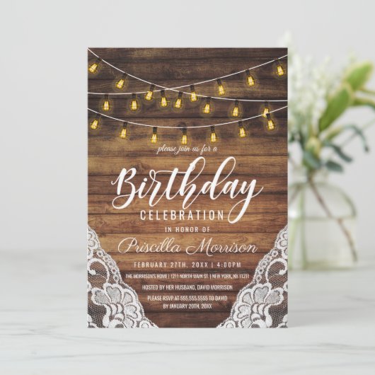 Rustikales Country String Lights Holocaust Birthda Einladung (Stehend Vorderseite)
