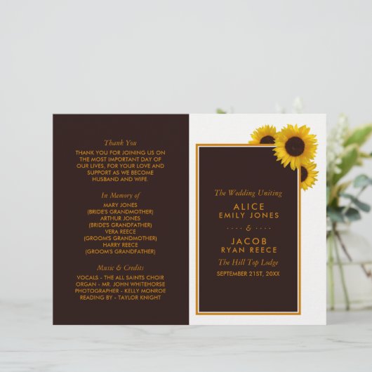Rustikales Country Sunflowers Blumenhochzeitprogra (Stehend Vorderseite)