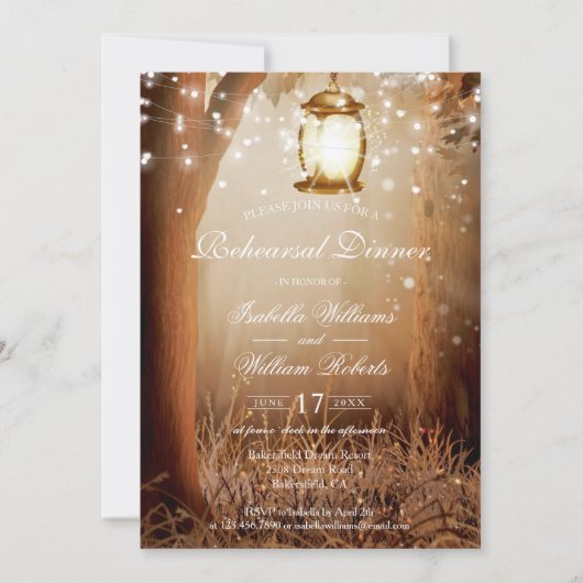 Rustikales Country Tree String Lights Probe Dinner Einladung (Vorderseite)