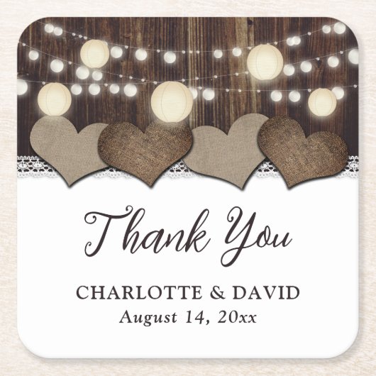 Rustikales Country Wood Burlap Lace Lantern Weddin Rechteckiger Pappuntersetzer (Vorderseite)