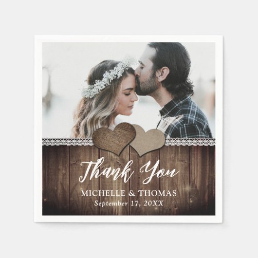 Rustikales Country Wood Burlap Lace Wedding Foto Serviette (Vorderseite)