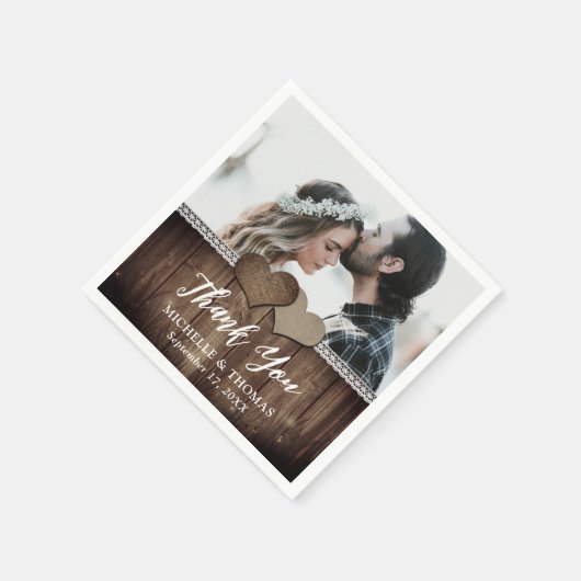 Rustikales Country Wood Burlap Lace Wedding Foto Serviette (Ecke)