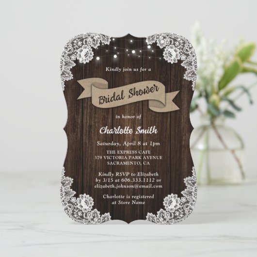 Rustikales Country Wood Burlap Ribbon Brautparty Einladung (Stehend Vorderseite)