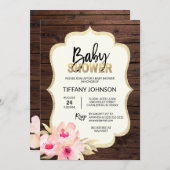 Rustikales Country Wood Floral Pink Gold Baby Dusc Einladung (Vorne/Hinten)